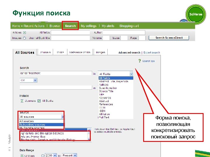 Функция поиска Форма поиска, позволяющая конкретизировать поисковый запрос 