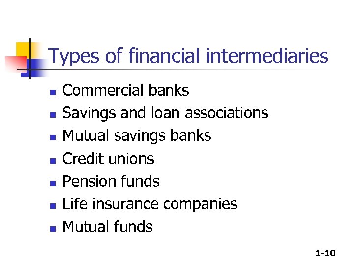 Types of financial intermediaries n n n n Commercial banks Savings and loan associations