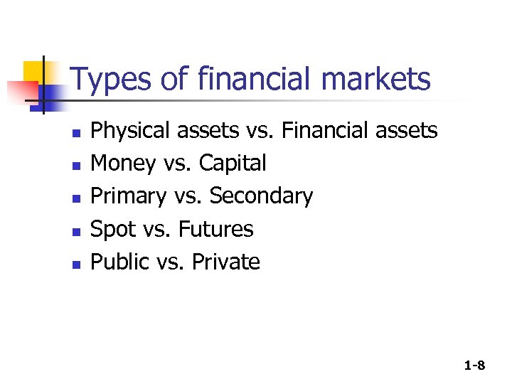 Types of financial markets n n n Physical assets vs. Financial assets Money vs.