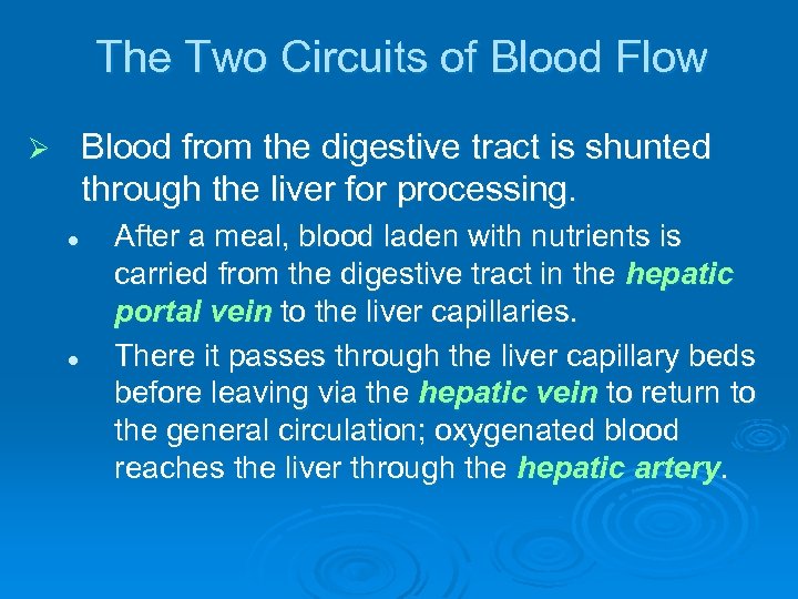The Two Circuits of Blood Flow Blood from the digestive tract is shunted through