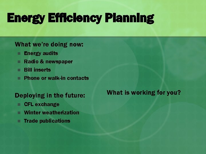 Energy Efficiency Planning What we’re doing now: n n Energy audits Radio & newspaper