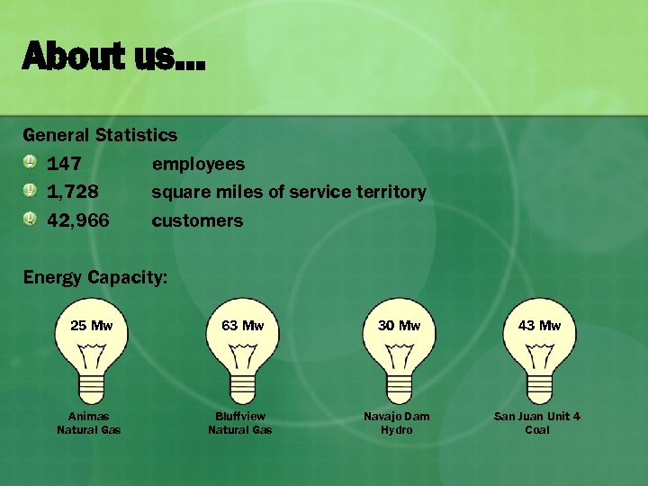 About us… General Statistics 147 employees 1, 728 square miles of service territory 42,