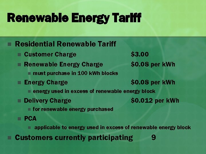 Renewable Energy Tariff n Residential Renewable Tariff n n Customer Charge Renewable Energy Charge