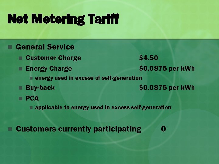 Net Metering Tariff n General Service n n Customer Charge Energy Charge n n