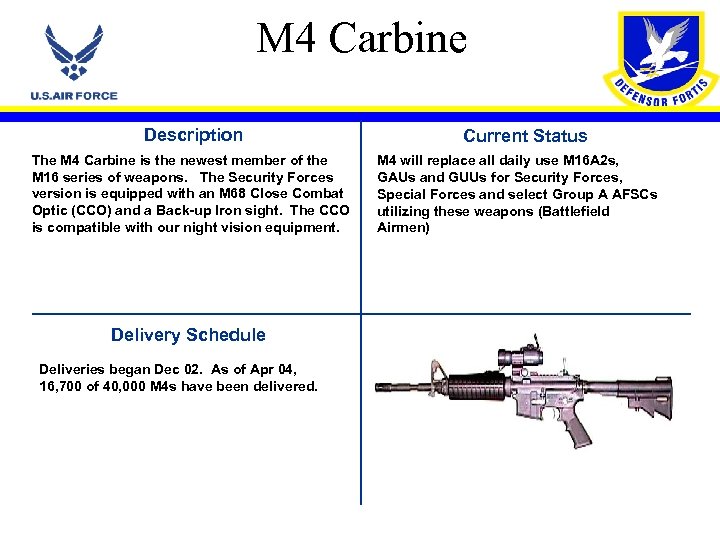M 4 Carbine Description The M 4 Carbine is the newest member of the