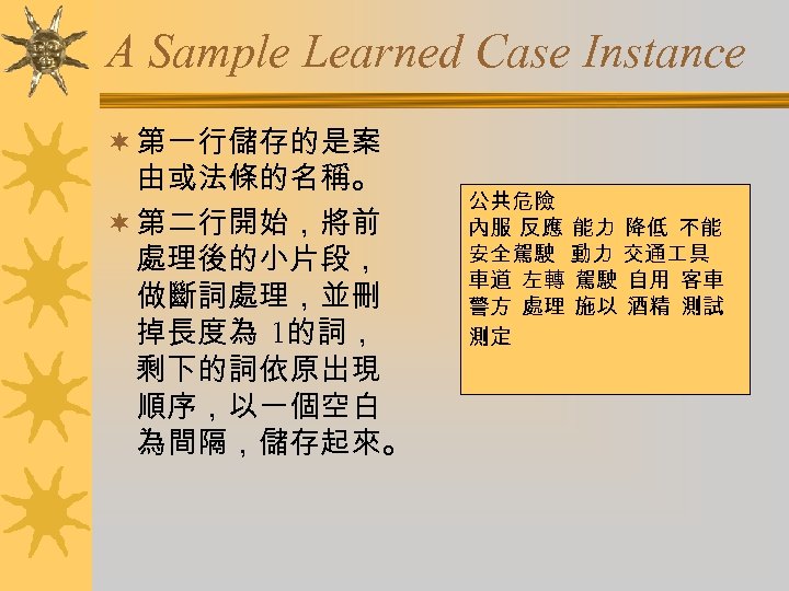 A Sample Learned Case Instance ¬ 第一行儲存的是案 由或法條的名稱。 ¬ 第二行開始，將前 處理後的小片段， 做斷詞處理，並刪 掉長度為 1的詞，