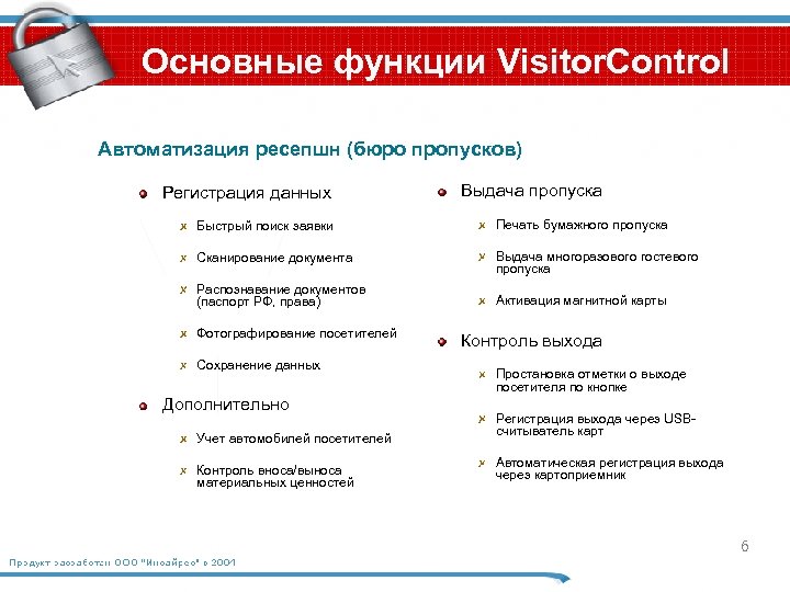 Основные функции Visitor. Control Автоматизация ресепшн (бюро пропусков) Регистрация данных Выдача пропуска Быстрый поиск