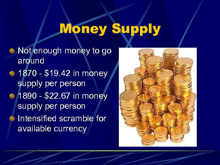 Money Supply Not enough money to go around 1870 - $19. 42 in money
