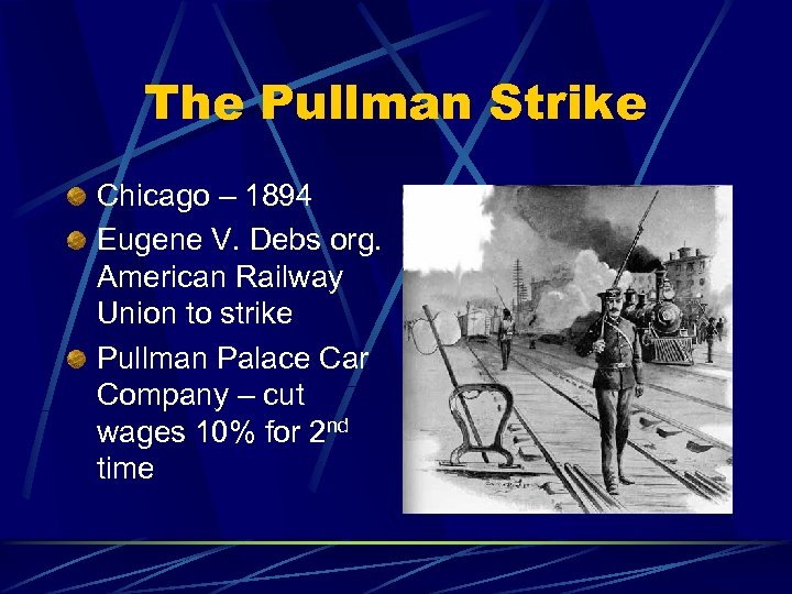 The Pullman Strike Chicago – 1894 Eugene V. Debs org. American Railway Union to