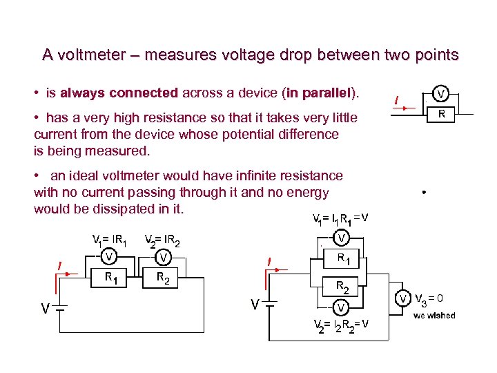 A voltmeter – measures voltage drop between two points • is always connected across