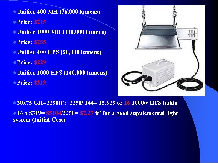 l. Unifier 400 MH (36, 000 lumens) l. Price: $215 l. Unifier 1000 MH