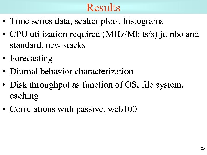 Results • Time series data, scatter plots, histograms • CPU utilization required (MHz/Mbits/s) jumbo