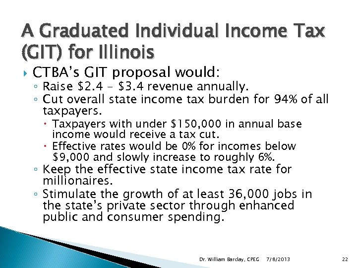 A Graduated Individual Income Tax (GIT) for Illinois CTBA’s GIT proposal would: ◦ Raise