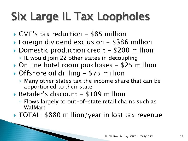 Six Large IL Tax Loopholes CME’s tax reduction - $85 million Foreign dividend exclusion