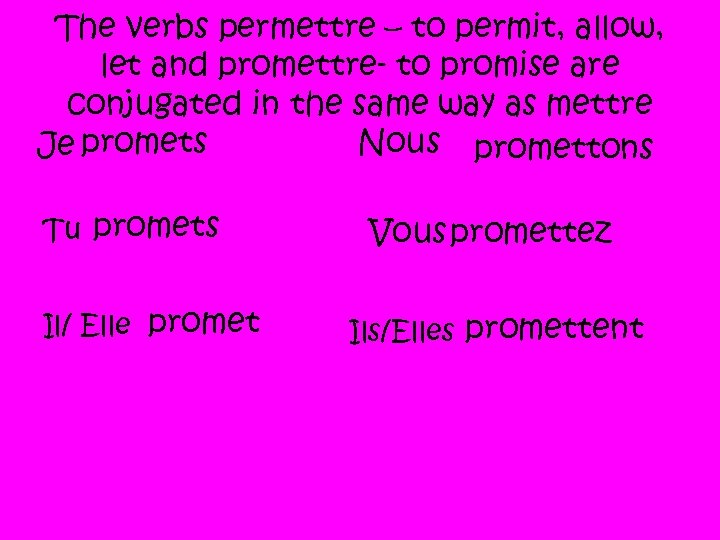 The verbs permettre – to permit, allow, let and promettre- to promise are conjugated