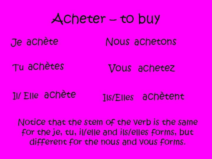 Acheter – to buy Je achète Tu achètes Il/ Elle achète Nous achetons Vous