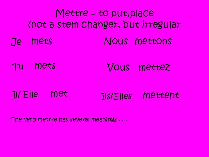 Mettre – to put, place (not a stem changer, but irregular Je Tu mets