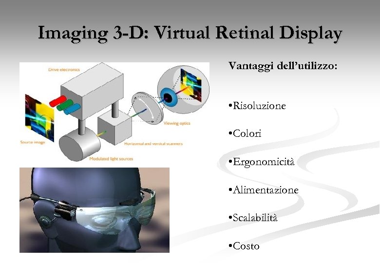 Imaging 3 -D: Virtual Retinal Display Vantaggi dell’utilizzo: • Risoluzione • Colori • Ergonomicità