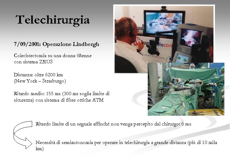 Telechirurgia 7/09/2001: Operazione Lindbergh Colecistectomia su una donna 68 enne con sistema ZEUS Distanza: