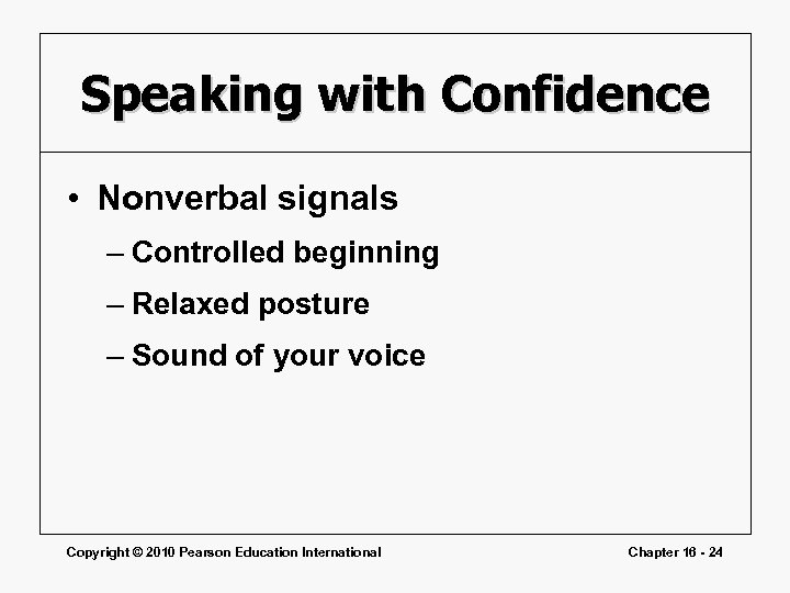Speaking with Confidence • Nonverbal signals – Controlled beginning – Relaxed posture – Sound