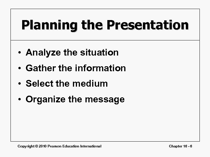 Planning the Presentation • Analyze the situation • Gather the information • Select the