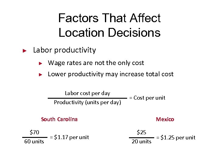 Factors That Affect Location Decisions ► Labor productivity ► Wage rates are not the