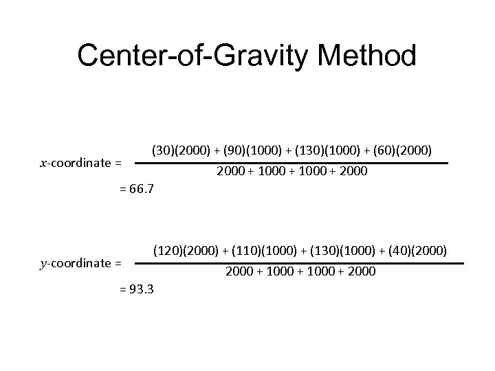 Center-of-Gravity Method x-coordinate = (30)(2000) + (90)(1000) + (130)(1000) + (60)(2000) 2000 + 1000