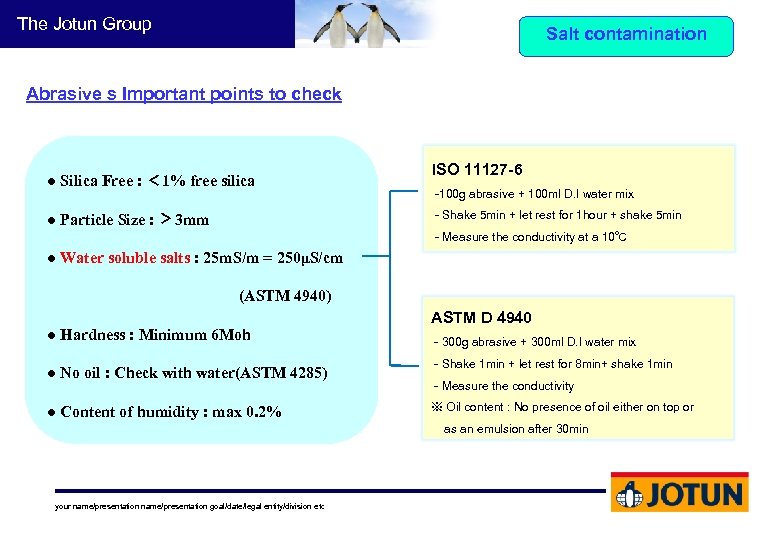 The Jotun Group Salt contamination Abrasive s Important points to check ● Silica Free