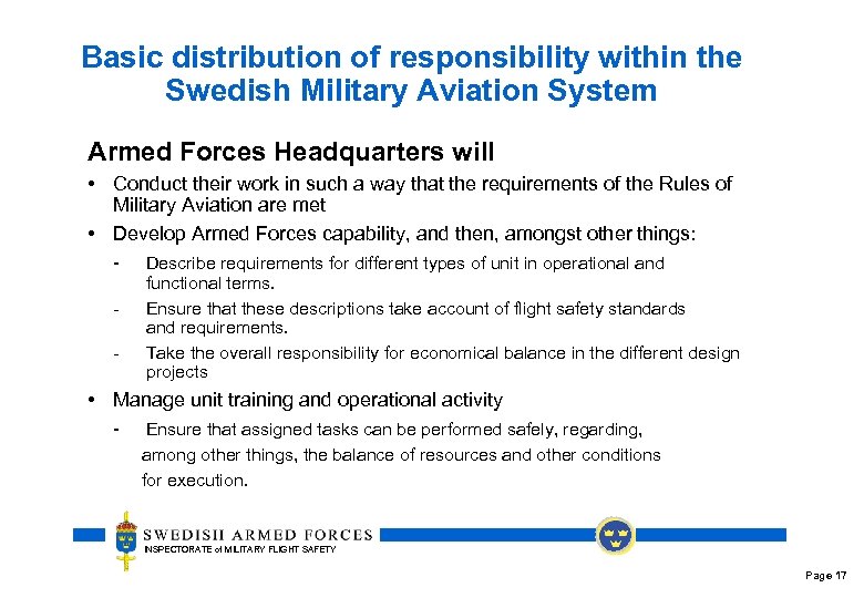 Basic distribution of responsibility within the Swedish Military Aviation System Armed Forces Headquarters will