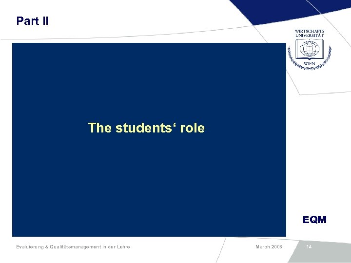 Part II The students‘ role EQM Evaluierung & Qualitätsmanagement in der Lehre March 2008