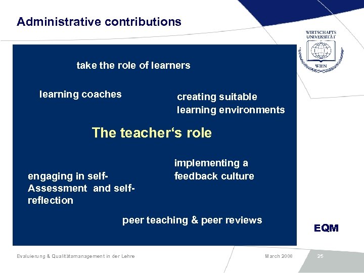 Administrative contributions take the role of learners learning coaches creating suitable learning environments The