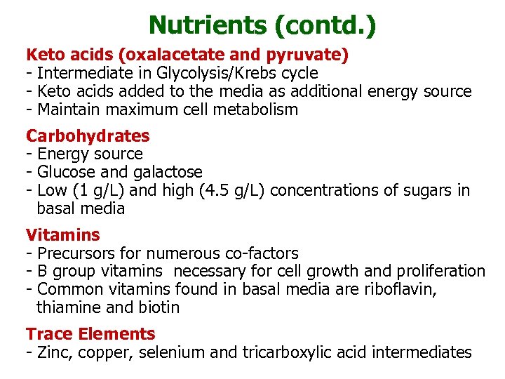 Nutrients (contd. ) Keto acids (oxalacetate and pyruvate) - Intermediate in Glycolysis/Krebs cycle -