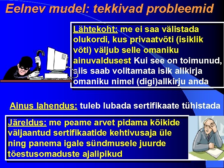 Eelnev mudel: tekkivad probleemid Lähtekoht: me ei saa välistada olukordi, kus privaatvõti (isiklik võti)