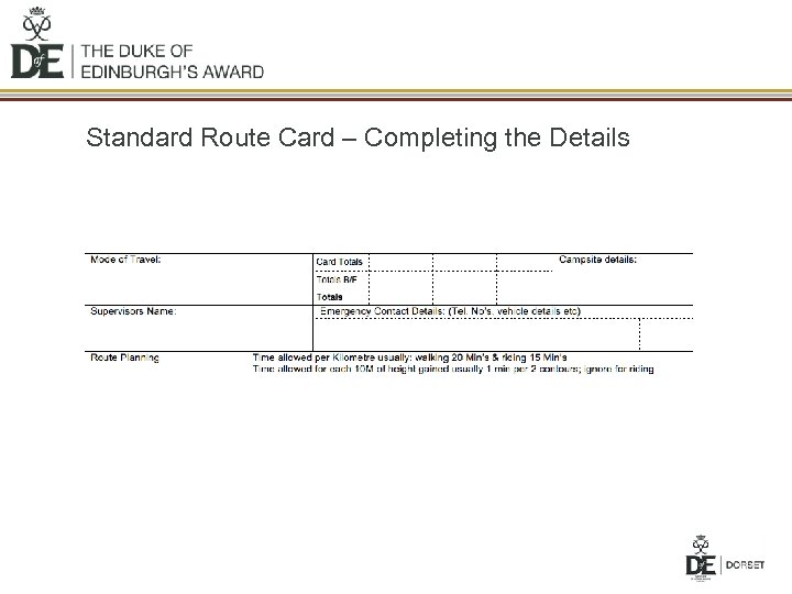 Standard Route Card – Completing the Details 