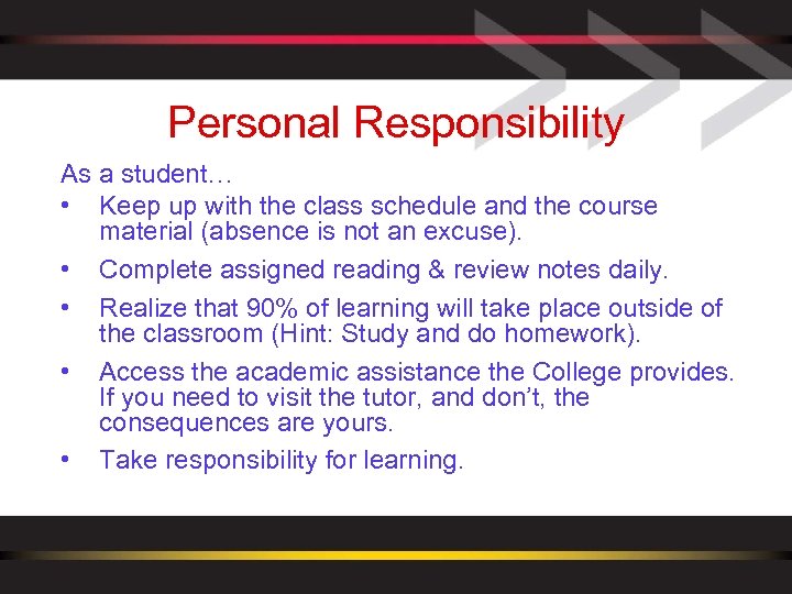 Personal Responsibility As a student… • Keep up with the class schedule and the