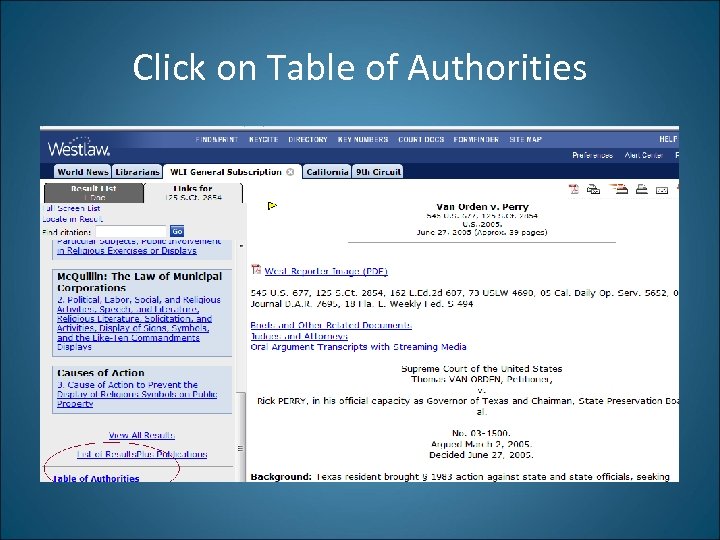 Click on Table of Authorities 