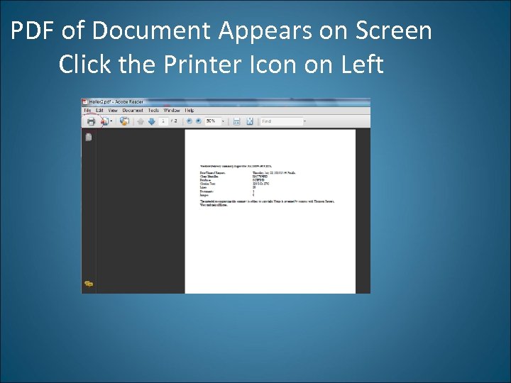 PDF of Document Appears on Screen Click the Printer Icon on Left 