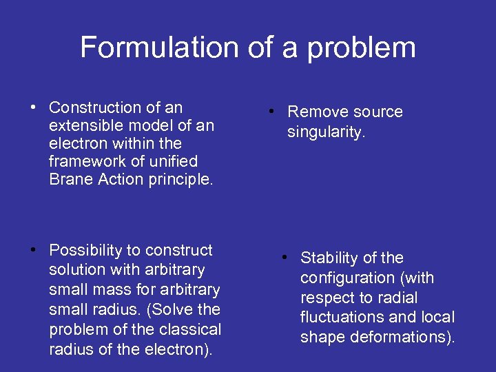 Formulation of a problem • Construction of an extensible model of an electron within