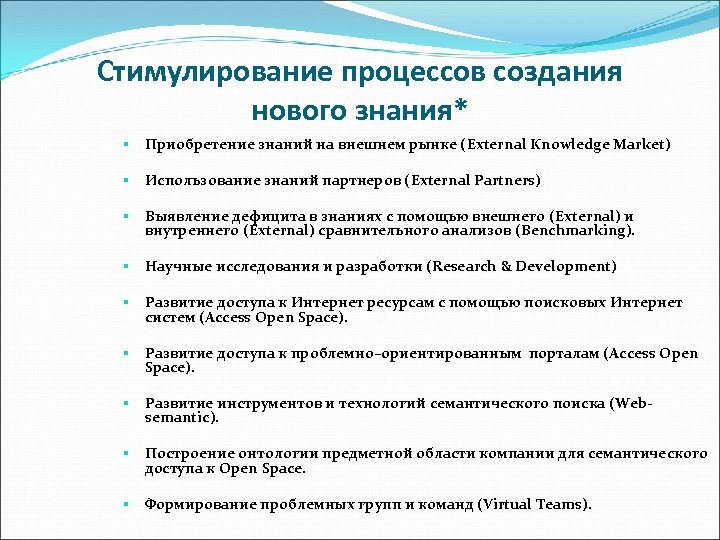 Стимулирование процессов создания нового знания* § Приобретение знаний на внешнем рынке (External Knowledge Market)