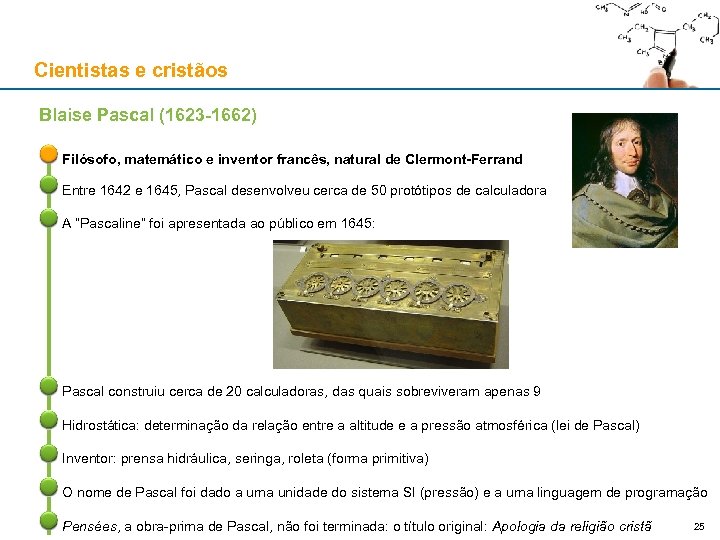 Cientistas e cristãos Blaise Pascal (1623 -1662) Filósofo, matemático e inventor francês, natural de