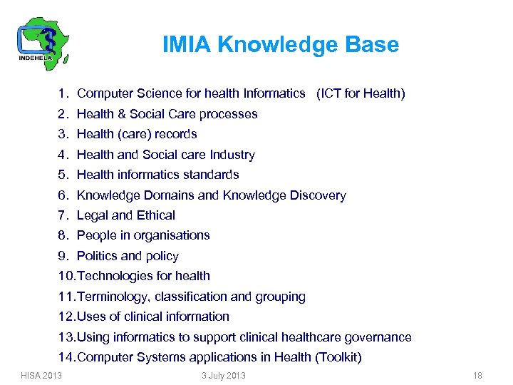 IMIA Knowledge Base 1. Computer Science for health Informatics (ICT for Health) 2. Health
