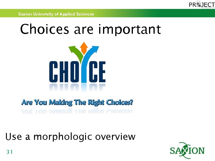 Saxion University of Applied Sciences Choices are important Use a morphologic overview 31 