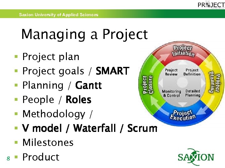 Saxion University of Applied Sciences Managing a Project 8 § § § § Project