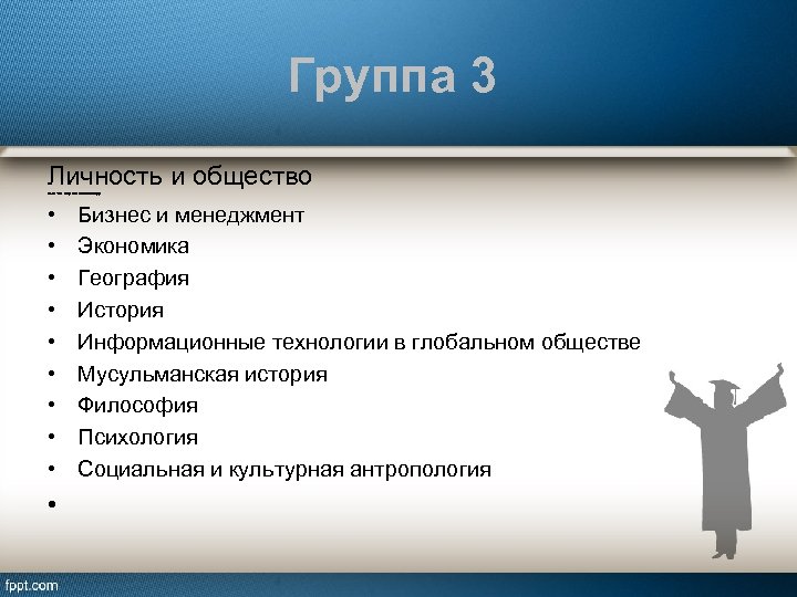 Группа 3 Личность и общество Включает 9 предметов по выбору: • • • Бизнес