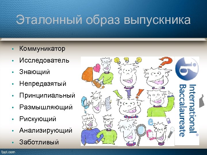 Эталонный образ выпускника • Коммуникатор • Исследователь • Знающий • Непредвзятый • Принципиальный •