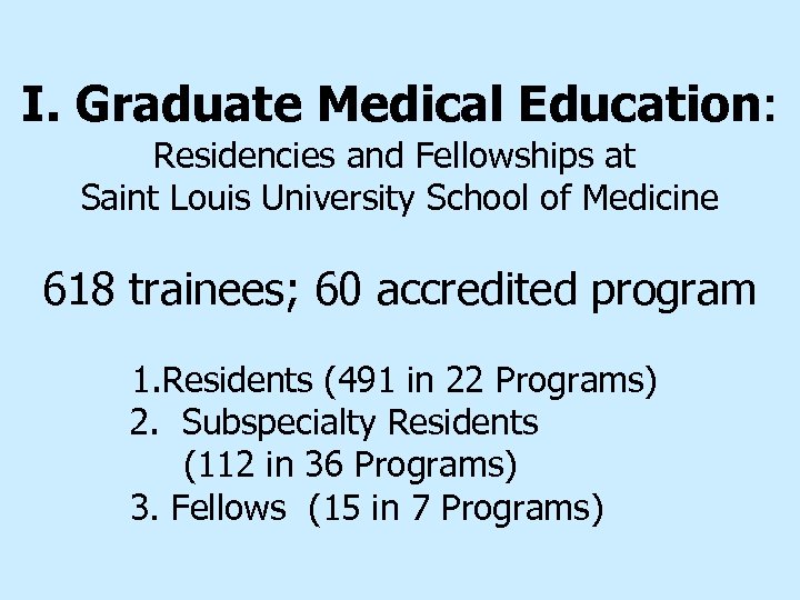 I. Graduate Medical Education: Residencies and Fellowships at Saint Louis University School of Medicine