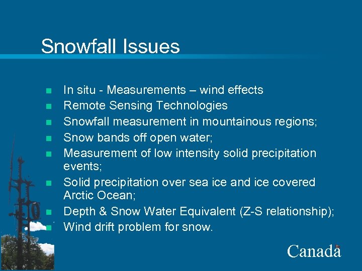 Snowfall Issues n n n n In situ - Measurements – wind effects Remote