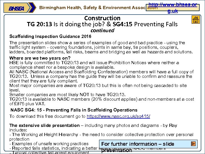 http: //www. bhsea. or g. uk Birmingham Health, Safety & Environment Association Construction TG