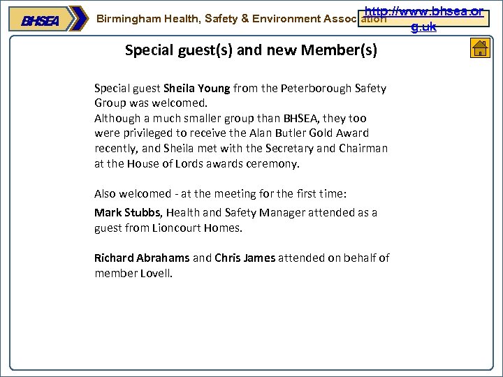 http: //www. bhsea. or g. uk Birmingham Health, Safety & Environment Association Special guest(s)