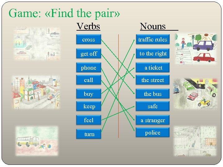 Game: «Find the pair» Verbs Nouns cross traffic rules get off to the right